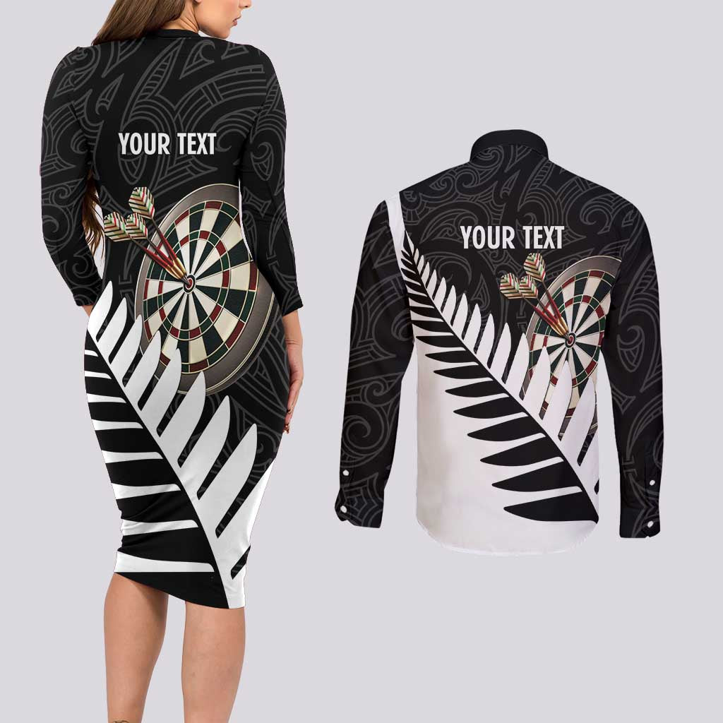 Personalised New Zealand Darts Couples Matching Long Sleeve Bodycon Dress and Long Sleeve Button Shirt Silver Fern Aotearoa Maori Pattern - Polynesian Pride
