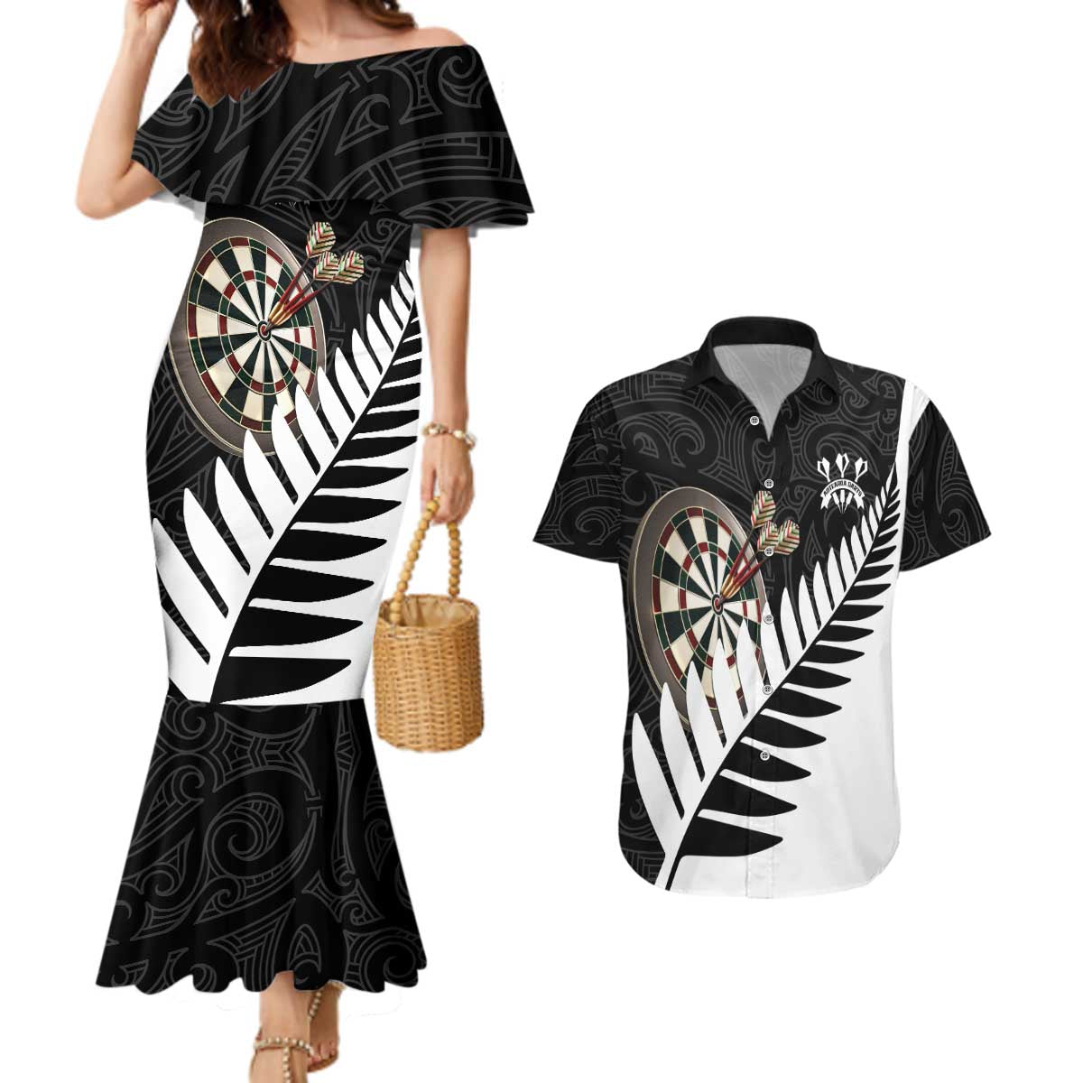 Personalised New Zealand Darts Couples Matching Mermaid Dress and Hawaiian Shirt Silver Fern Aotearoa Maori Pattern - Polynesian Pride
