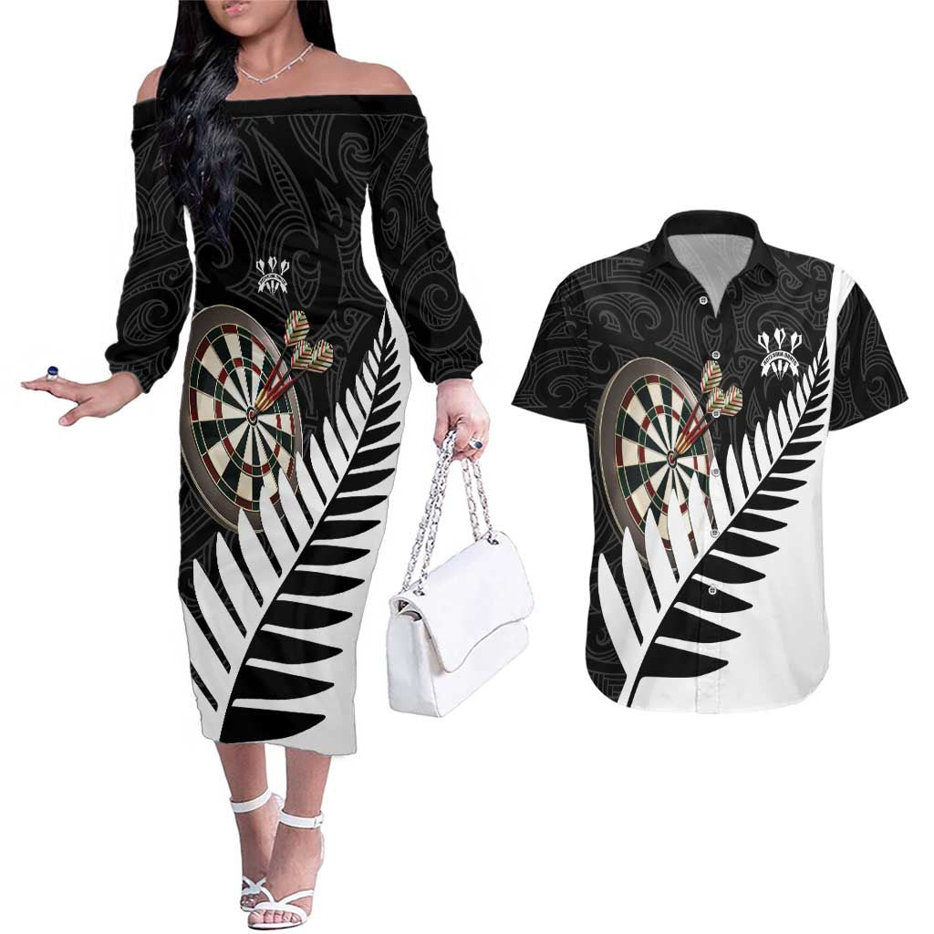 Personalised New Zealand Darts Couples Matching Off The Shoulder Long Sleeve Dress and Hawaiian Shirt Silver Fern Aotearoa Maori Pattern - Polynesian Pride