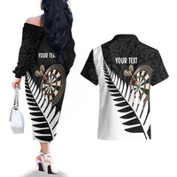 Personalised New Zealand Darts Couples Matching Off The Shoulder Long Sleeve Dress and Hawaiian Shirt Silver Fern Aotearoa Maori Pattern - Polynesian Pride