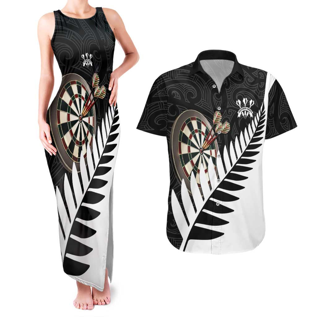 Personalised New Zealand Darts Couples Matching Tank Maxi Dress and Hawaiian Shirt Silver Fern Aotearoa Maori Pattern - Polynesian Pride