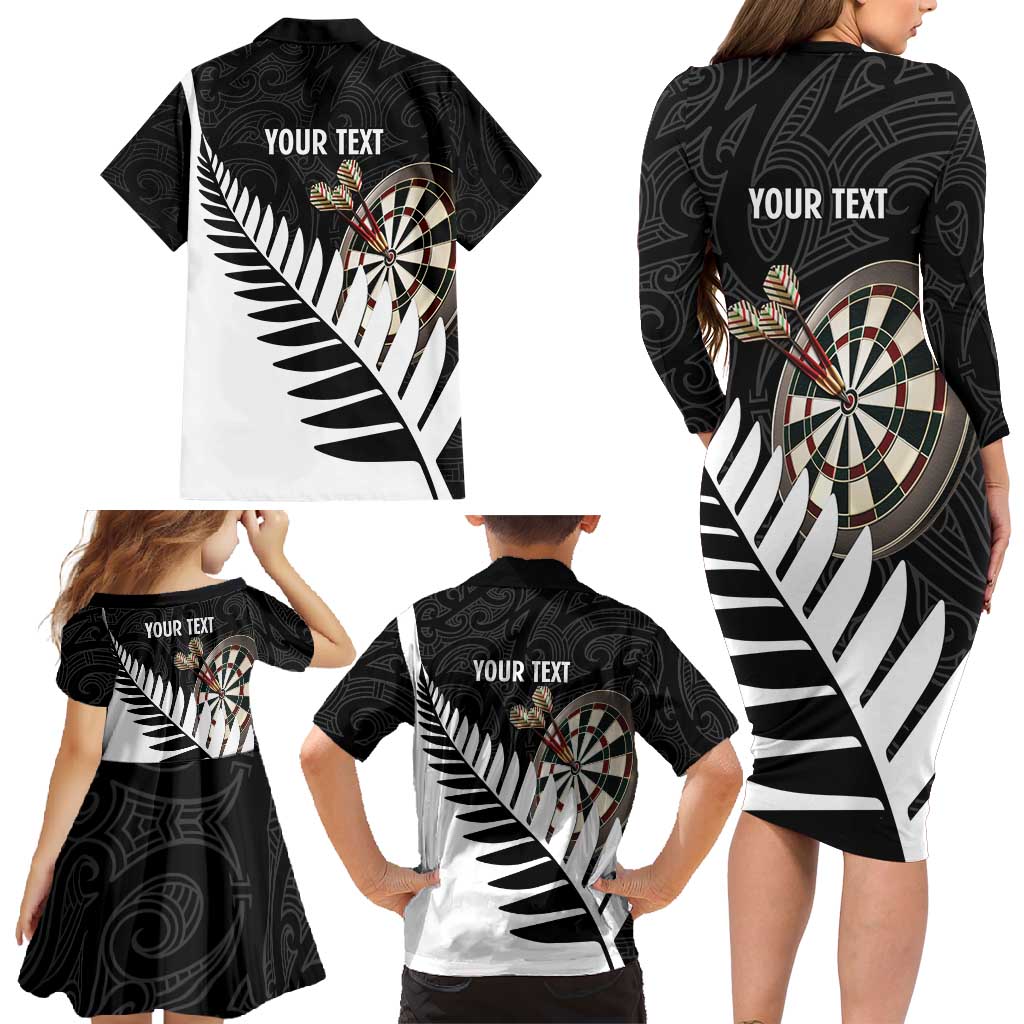 Personalised New Zealand Darts Family Matching Long Sleeve Bodycon Dress and Hawaiian Shirt Silver Fern Aotearoa Maori Pattern - Polynesian Pride