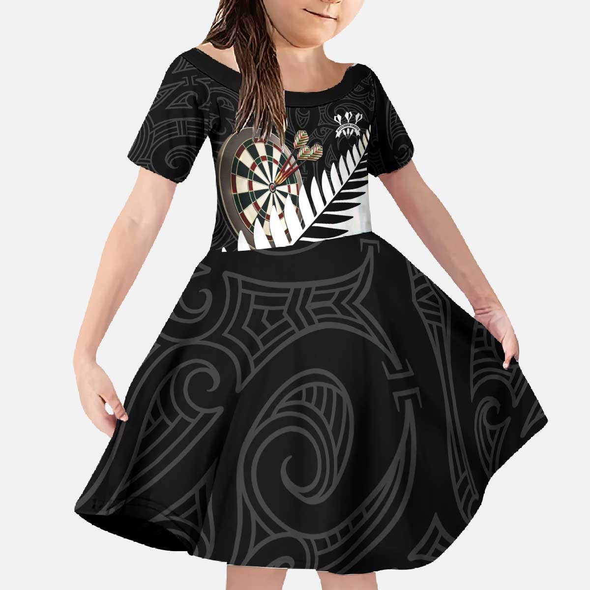 Personalised New Zealand Darts Family Matching Off The Shoulder Long Sleeve Dress and Hawaiian Shirt Silver Fern Aotearoa Maori Pattern - Polynesian Pride