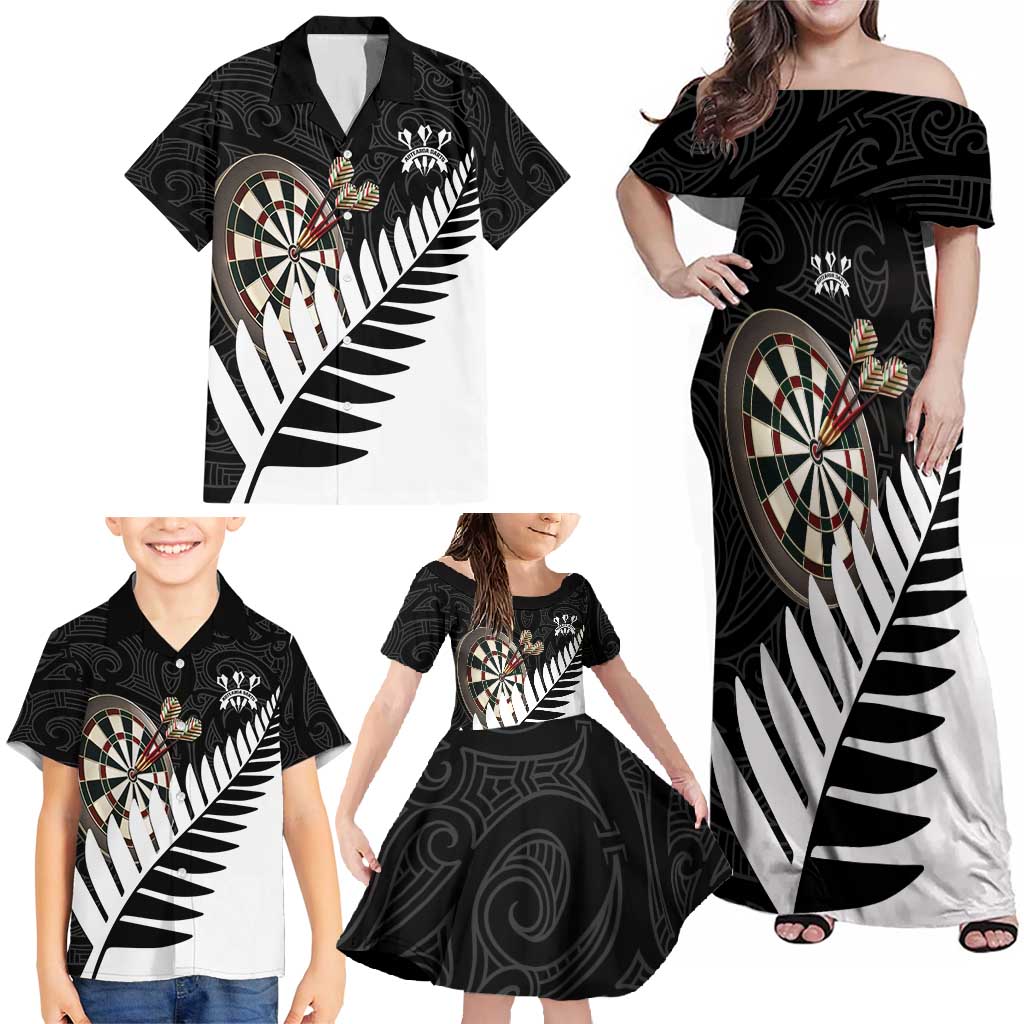 Personalised New Zealand Darts Family Matching Off Shoulder Maxi Dress and Hawaiian Shirt Silver Fern Aotearoa Maori Pattern - Polynesian Pride