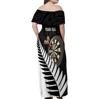 Personalised New Zealand Darts Family Matching Off Shoulder Maxi Dress and Hawaiian Shirt Silver Fern Aotearoa Maori Pattern - Polynesian Pride