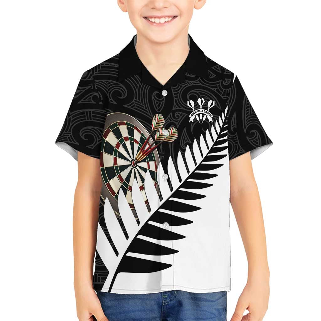 Personalised New Zealand Darts Family Matching Puletasi and Hawaiian Shirt Silver Fern Aotearoa Maori Pattern LT14 Son's Shirt Black - Polynesian Pride