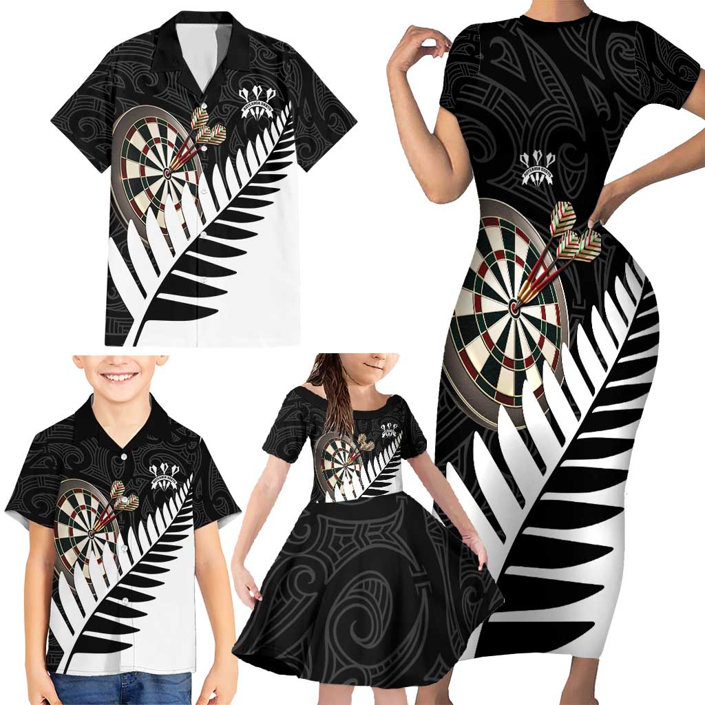 Personalised New Zealand Darts Family Matching Short Sleeve Bodycon Dress and Hawaiian Shirt Silver Fern Aotearoa Maori Pattern - Polynesian Pride
