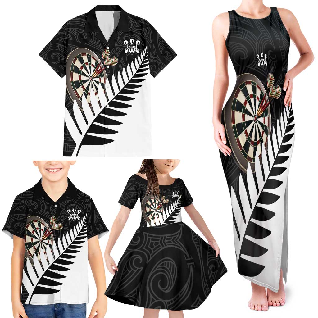 Personalised New Zealand Darts Family Matching Tank Maxi Dress and Hawaiian Shirt Silver Fern Aotearoa Maori Pattern - Polynesian Pride