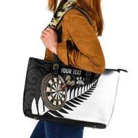 Personalised New Zealand Darts Leather Tote Bag Silver Fern Aotearoa Maori Pattern LT14 Black - Polynesian Pride