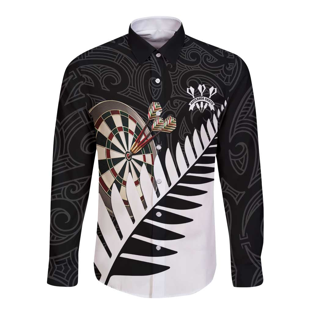 Personalised New Zealand Darts Long Sleeve Button Shirt Silver Fern Aotearoa Maori Pattern LT14 Unisex Black - Polynesian Pride