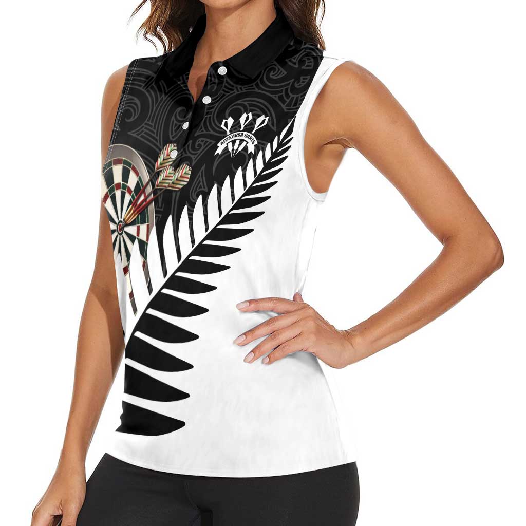 Personalised New Zealand Darts Women Sleeveless Polo Shirt Silver Fern Aotearoa Maori Pattern - Polynesian Pride