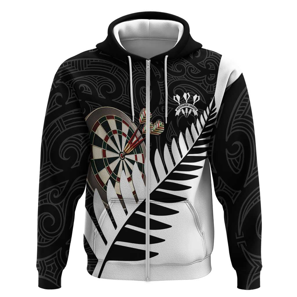 Personalised New Zealand Darts Zip Hoodie Silver Fern Aotearoa Maori Pattern LT14 Zip Hoodie Black - Polynesian Pride
