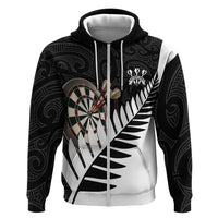 Personalised New Zealand Darts Zip Hoodie Silver Fern Aotearoa Maori Pattern LT14 Zip Hoodie Black - Polynesian Pride