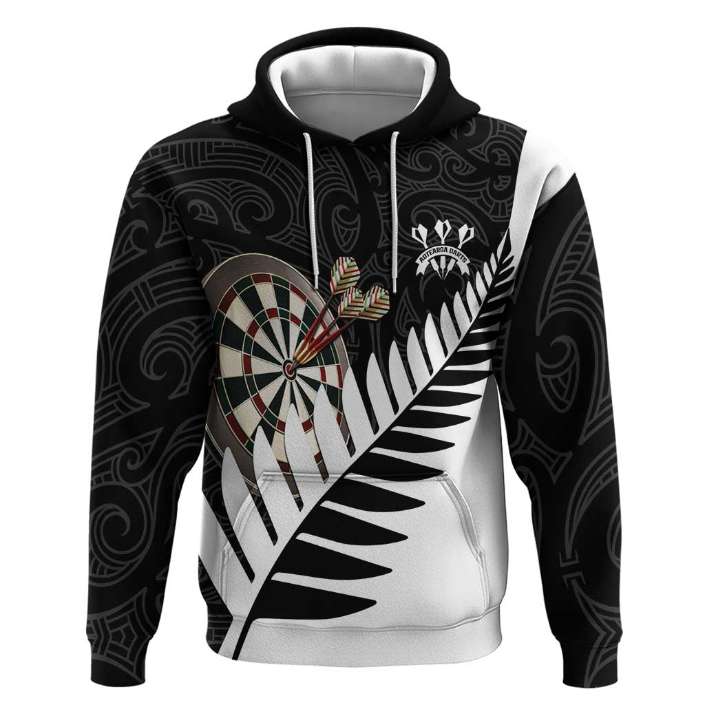 Personalised New Zealand Darts Zip Hoodie Silver Fern Aotearoa Maori Pattern LT14 Pullover Hoodie Black - Polynesian Pride