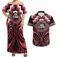 Aotearoa Ngai Te Rangi Personalised Couples Matching Off Shoulder Maxi Dress and Hawaiian Shirt Maori Iwi Poutama Puhoro Tattoo LT14 Red - Polynesian Pride