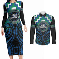 Aotearoa Ngati Ranginui Personalised Couples Matching Long Sleeve Bodycon Dress and Long Sleeve Button Shirt Maori Iwi Poutama Puhoro Tattoo LT14 Green - Polynesian Pride
