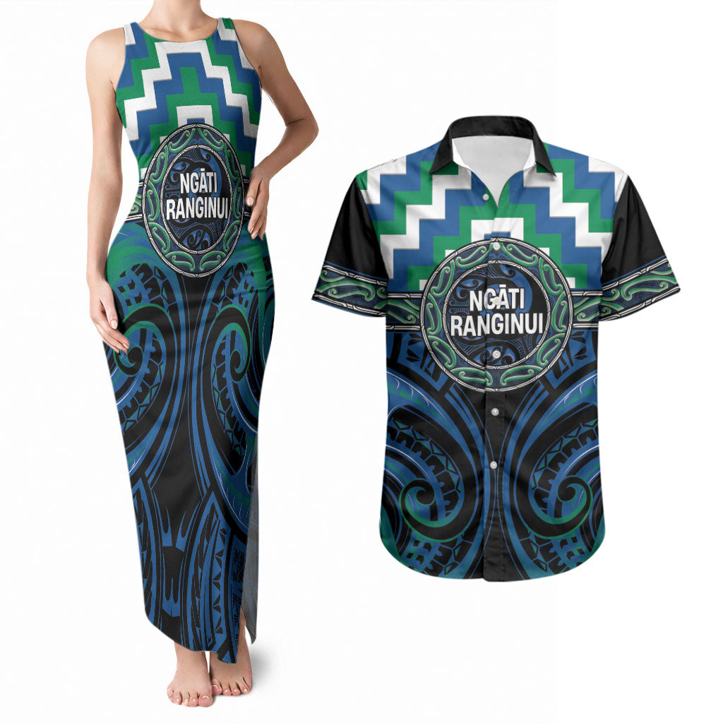 Aotearoa Ngati Ranginui Personalised Couples Matching Tank Maxi Dress and Hawaiian Shirt Maori Iwi Poutama Puhoro Tattoo LT14 Green - Polynesian Pride