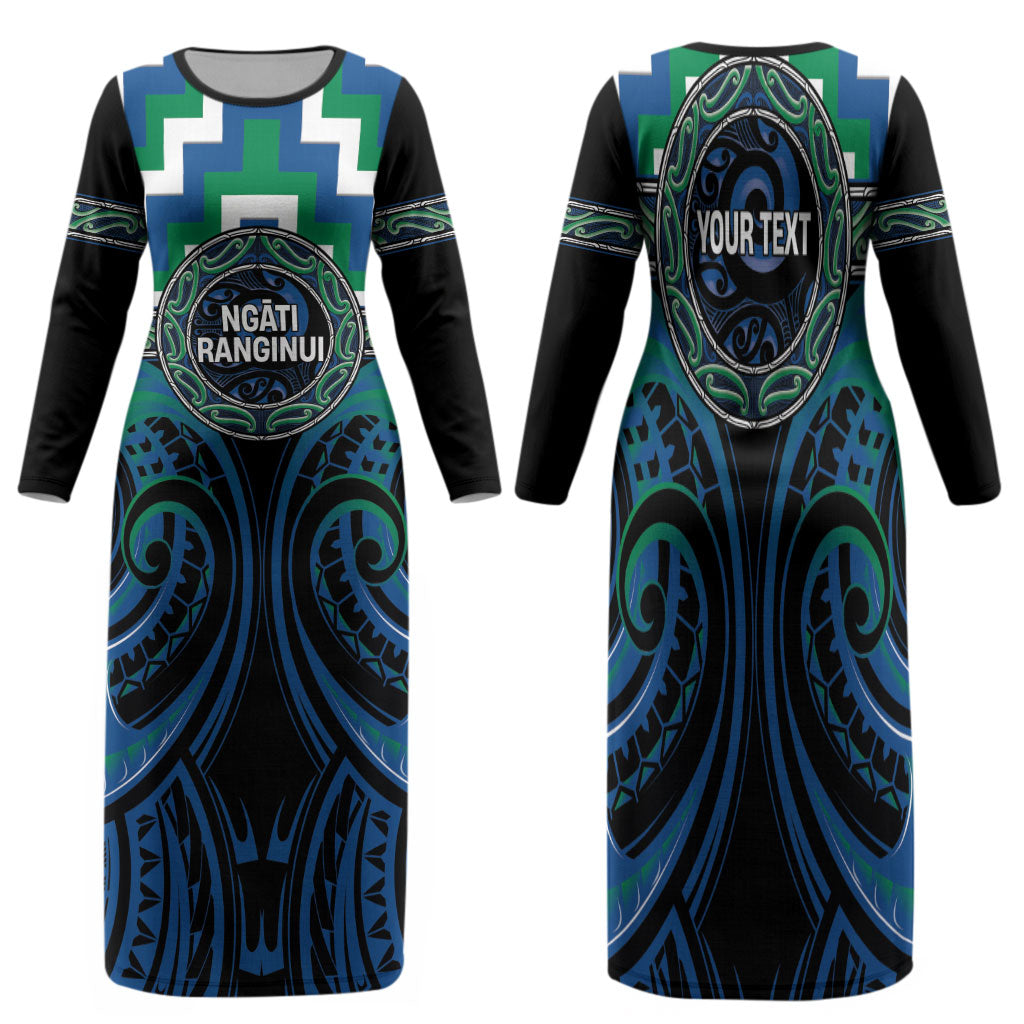 Aotearoa Ngati Ranginui Personalised Family Matching Long Sleeve Bodycon Dress and Hawaiian Shirt Maori Iwi Poutama Puhoro Tattoo LT14 Mom's Dress Green - Polynesian Pride