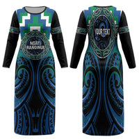 Aotearoa Ngati Ranginui Personalised Family Matching Long Sleeve Bodycon Dress and Hawaiian Shirt Maori Iwi Poutama Puhoro Tattoo LT14 Mom's Dress Green - Polynesian Pride