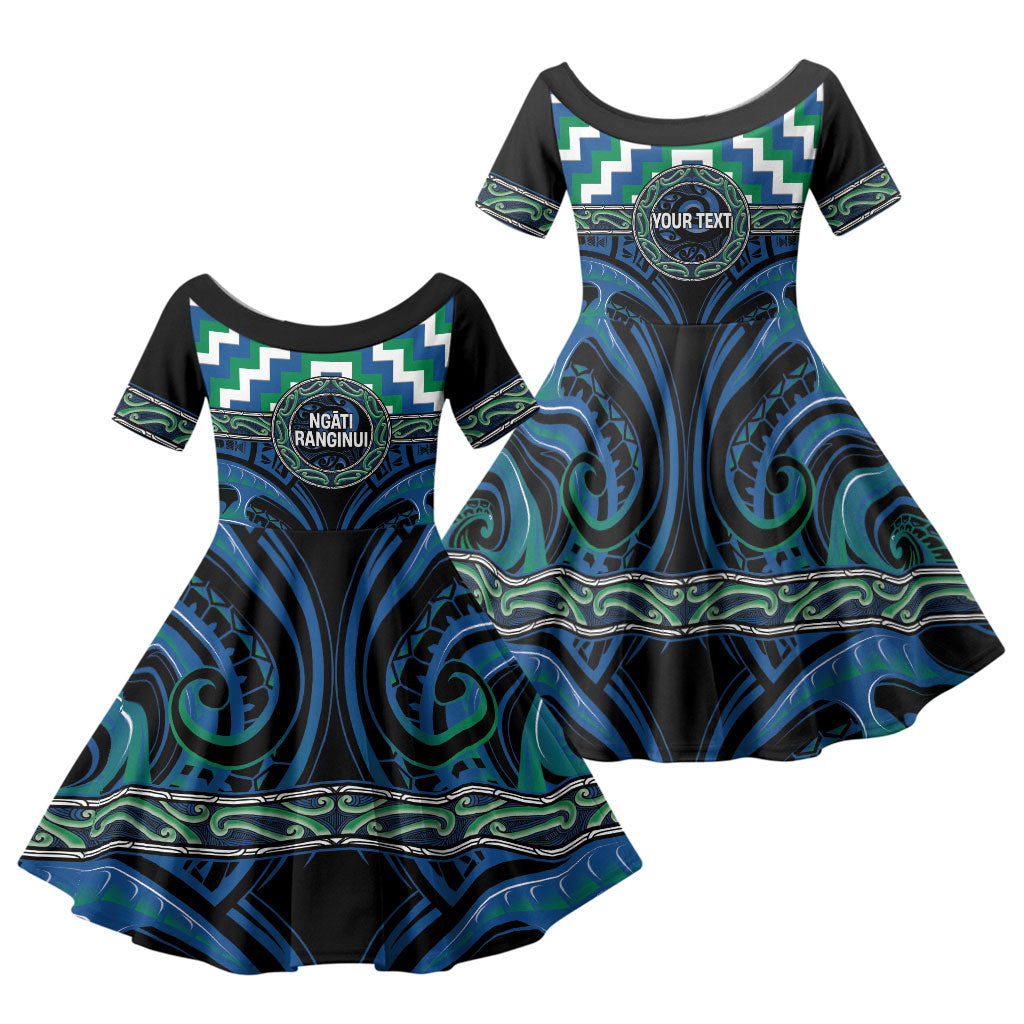 Aotearoa Ngati Ranginui Personalised Family Matching Off The Shoulder Long Sleeve Dress and Hawaiian Shirt Maori Iwi Poutama Puhoro Tattoo LT14 Daughter's Dress Green - Polynesian Pride