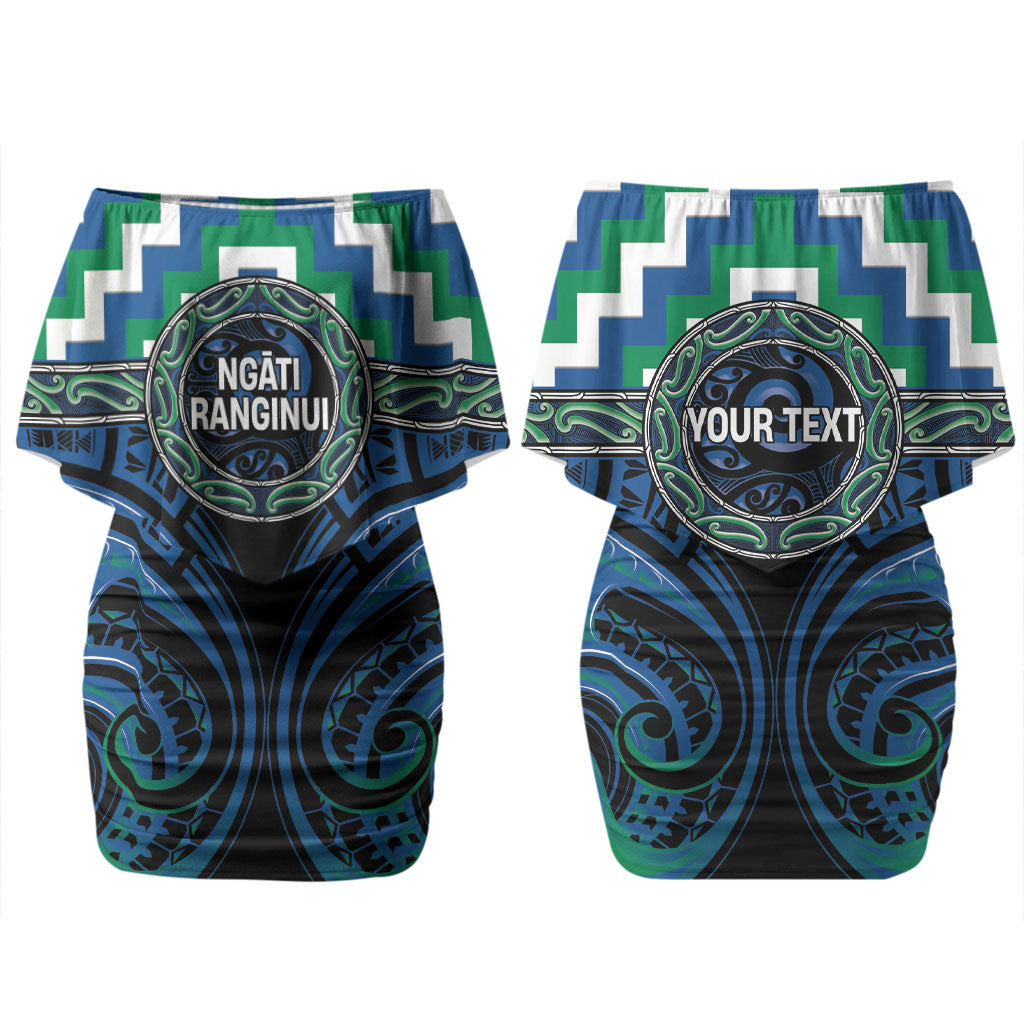 Aotearoa Ngati Ranginui Personalised Family Matching Off Shoulder Short Dress and Hawaiian Shirt Maori Iwi Poutama Puhoro Tattoo LT14 Mom's Dress Green - Polynesian Pride