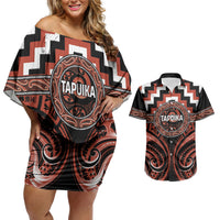 Aotearoa Tapuika Personalised Couples Matching Off Shoulder Short Dress and Hawaiian Shirt Maori Iwi Poutama Puhoro Tattoo LT14 Red - Polynesian Pride