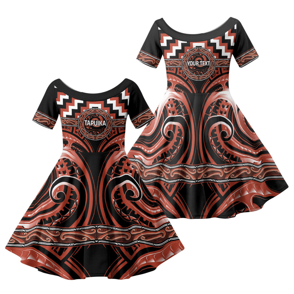 Aotearoa Tapuika Personalised Family Matching Off The Shoulder Long Sleeve Dress and Hawaiian Shirt Maori Iwi Poutama Puhoro Tattoo LT14 Daughter's Dress Red - Polynesian Pride