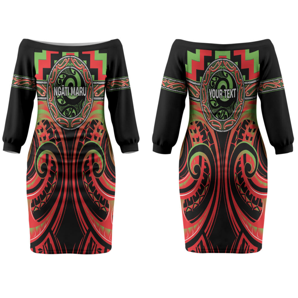 Aotearoa Ngati Maru Personalised Couples Matching Off The Shoulder Long Sleeve Dress and Hawaiian Shirt Maori Iwi Poutama Puhoro Tattoo LT14 - Polynesian Pride
