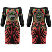 Aotearoa Ngati Maru Personalised Couples Matching Off The Shoulder Long Sleeve Dress and Long Sleeve Button Shirt Maori Iwi Poutama Puhoro Tattoo LT14 - Polynesian Pride