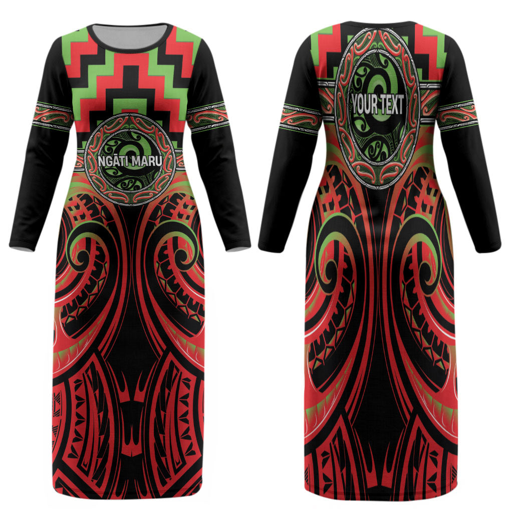Aotearoa Ngati Maru Personalised Family Matching Long Sleeve Bodycon Dress and Hawaiian Shirt Maori Iwi Poutama Puhoro Tattoo LT14 Mom's Dress Red - Polynesian Pride