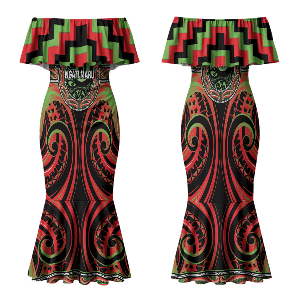 Aotearoa Ngati Maru Personalised Family Matching Mermaid Dress and Hawaiian Shirt Maori Iwi Poutama Puhoro Tattoo LT14 Mom's Dress Red - Polynesian Pride