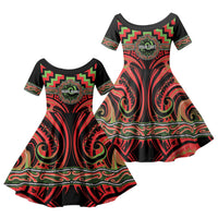 Aotearoa Ngati Maru Personalised Family Matching Off Shoulder Short Dress and Hawaiian Shirt Maori Iwi Poutama Puhoro Tattoo LT14 Daughter's Dress Red - Polynesian Pride