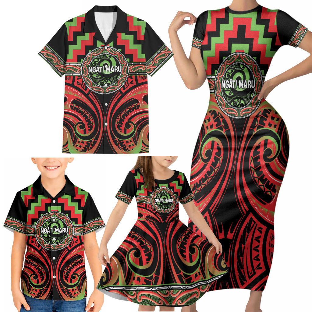 Aotearoa Ngati Maru Personalised Family Matching Short Sleeve Bodycon Dress and Hawaiian Shirt Maori Iwi Poutama Puhoro Tattoo LT14 - Polynesian Pride
