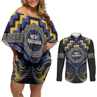 Aotearoa Ngati Raukawa Personalised Couples Matching Off Shoulder Short Dress and Long Sleeve Button Shirt Maori Iwi Poutama Puhoro Tattoo LT14 Blue - Polynesian Pride