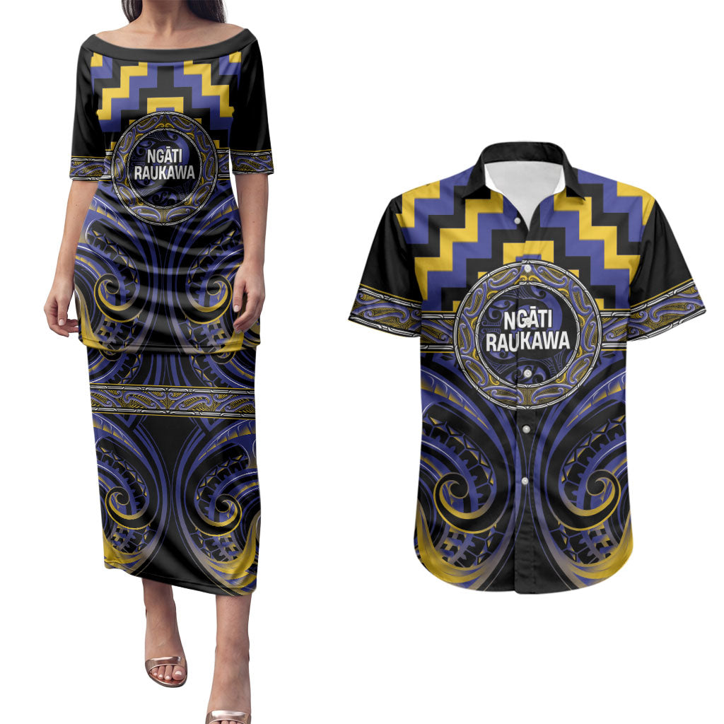 Aotearoa Ngati Raukawa Personalised Couples Matching Puletasi and Hawaiian Shirt Maori Iwi Poutama Puhoro Tattoo LT14 Blue - Polynesian Pride