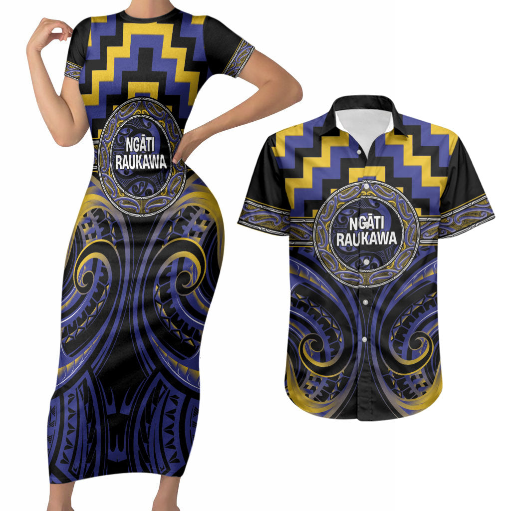 Aotearoa Ngati Raukawa Personalised Couples Matching Short Sleeve Bodycon Dress and Hawaiian Shirt Maori Iwi Poutama Puhoro Tattoo LT14 Blue - Polynesian Pride