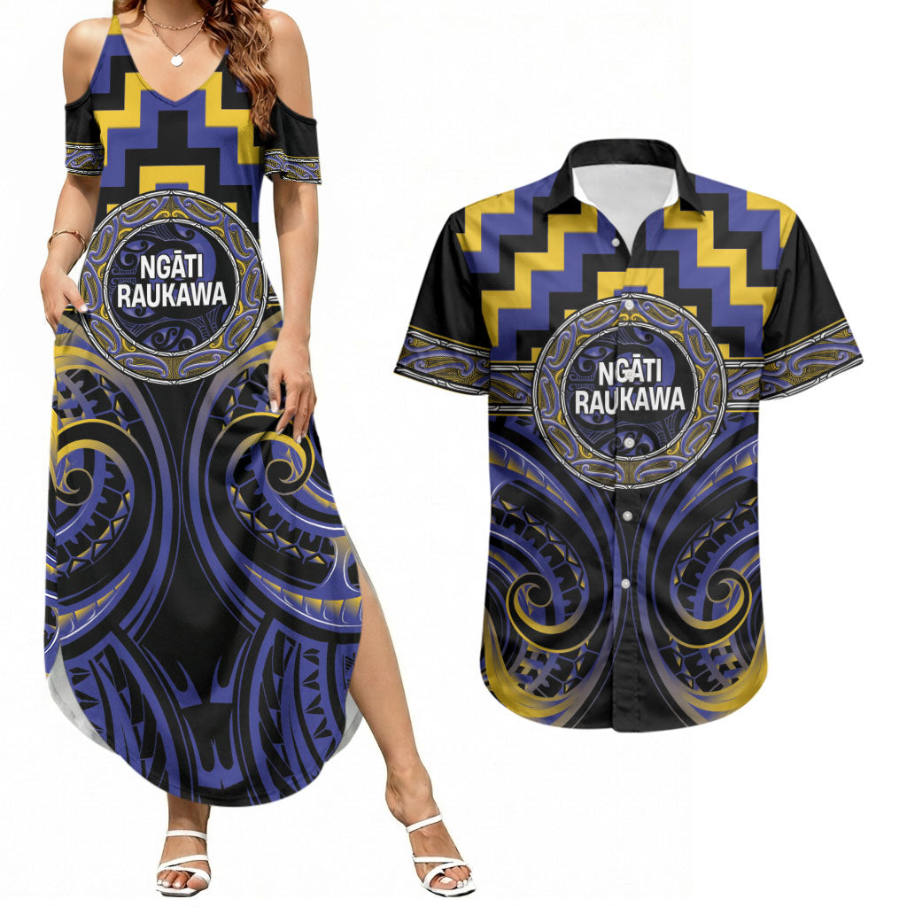 Aotearoa Ngati Raukawa Personalised Couples Matching Summer Maxi Dress and Hawaiian Shirt Maori Iwi Poutama Puhoro Tattoo LT14 Blue - Polynesian Pride