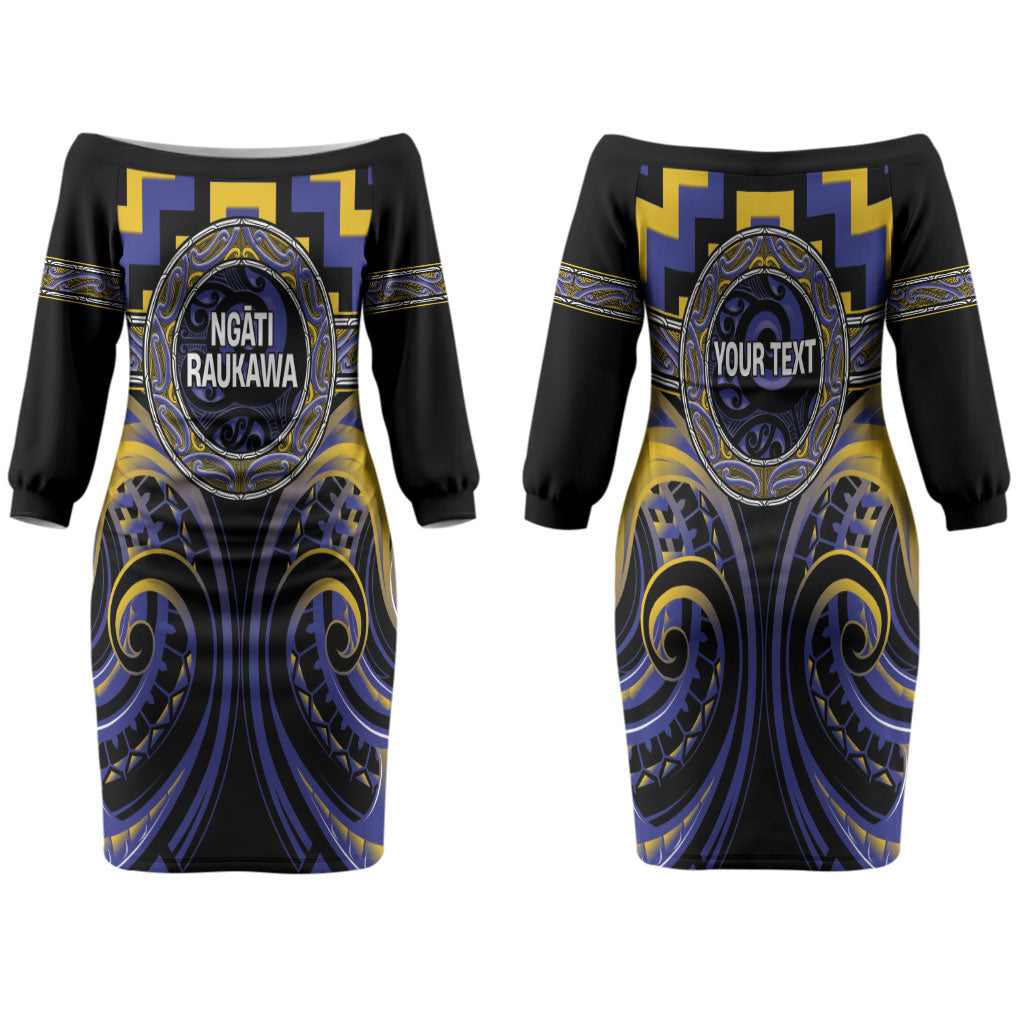 Aotearoa Ngati Raukawa Personalised Family Matching Off The Shoulder Long Sleeve Dress and Hawaiian Shirt Maori Iwi Poutama Puhoro Tattoo LT14 Mom's Dress Blue - Polynesian Pride