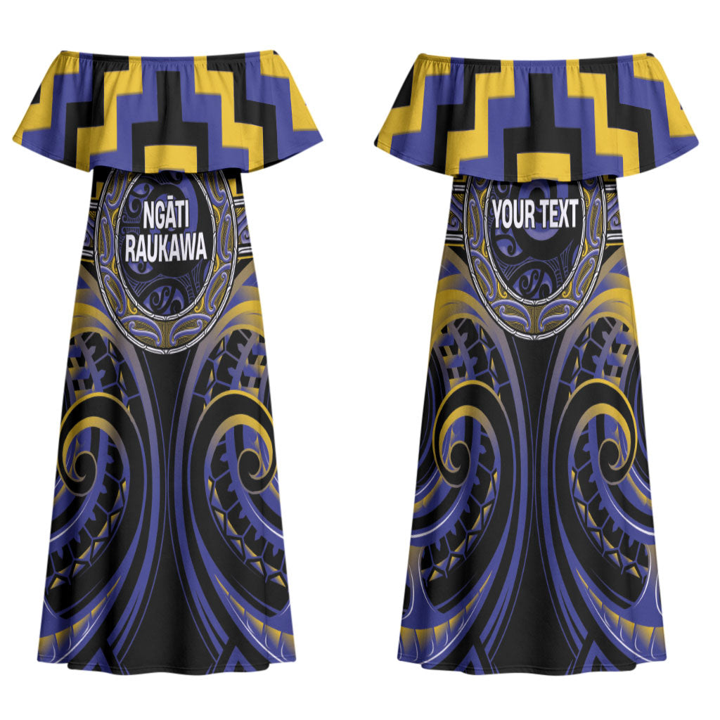 Aotearoa Ngati Raukawa Personalised Family Matching Off Shoulder Maxi Dress and Hawaiian Shirt Maori Iwi Poutama Puhoro Tattoo LT14 Mom's Dress Blue - Polynesian Pride
