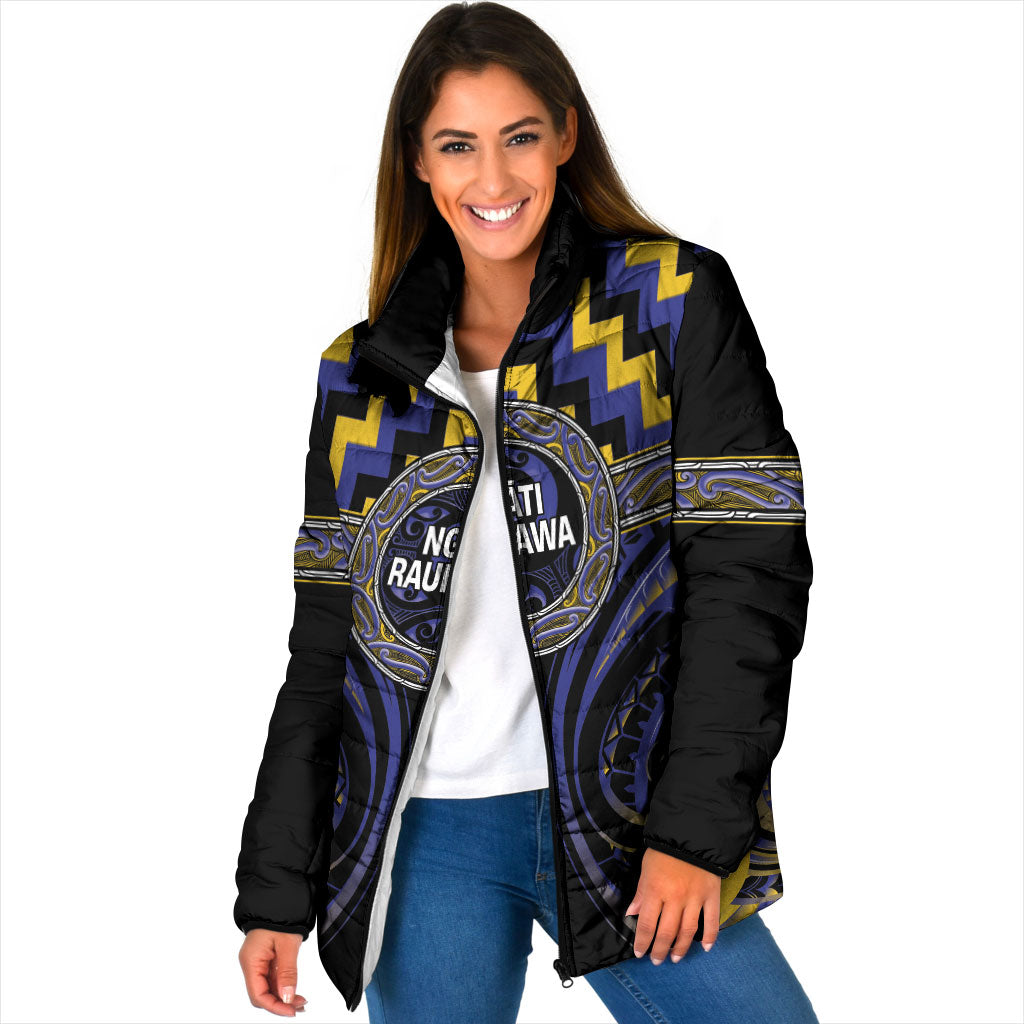Aotearoa Ngati Raukawa Personalised Padded Jacket Maori Iwi Poutama Puhoro Tattoo LT14 Women Blue - Polynesian Pride