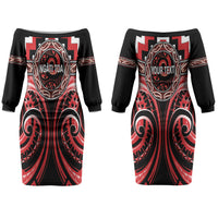 Aotearoa Ngati Toa Personalised Couples Matching Off The Shoulder Long Sleeve Dress and Hawaiian Shirt Maori Iwi Poutama Puhoro Tattoo LT14 - Polynesian Pride
