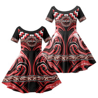 Aotearoa Ngati Toa Personalised Family Matching Off Shoulder Short Dress and Hawaiian Shirt Maori Iwi Poutama Puhoro Tattoo LT14 Daughter's Dress Red - Polynesian Pride