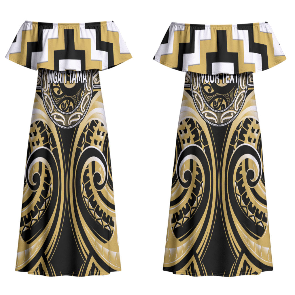 Aotearoa Ngati Tama Personalised Couples Matching Off Shoulder Maxi Dress and Long Sleeve Button Shirt Maori Iwi Poutama Puhoro Tattoo LT14 - Polynesian Pride
