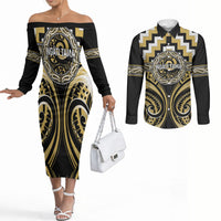 Aotearoa Ngati Tama Personalised Couples Matching Off The Shoulder Long Sleeve Dress and Long Sleeve Button Shirt Maori Iwi Poutama Puhoro Tattoo LT14 Yellow - Polynesian Pride