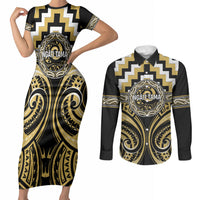 Aotearoa Ngati Tama Personalised Couples Matching Short Sleeve Bodycon Dress and Long Sleeve Button Shirt Maori Iwi Poutama Puhoro Tattoo LT14 Yellow - Polynesian Pride