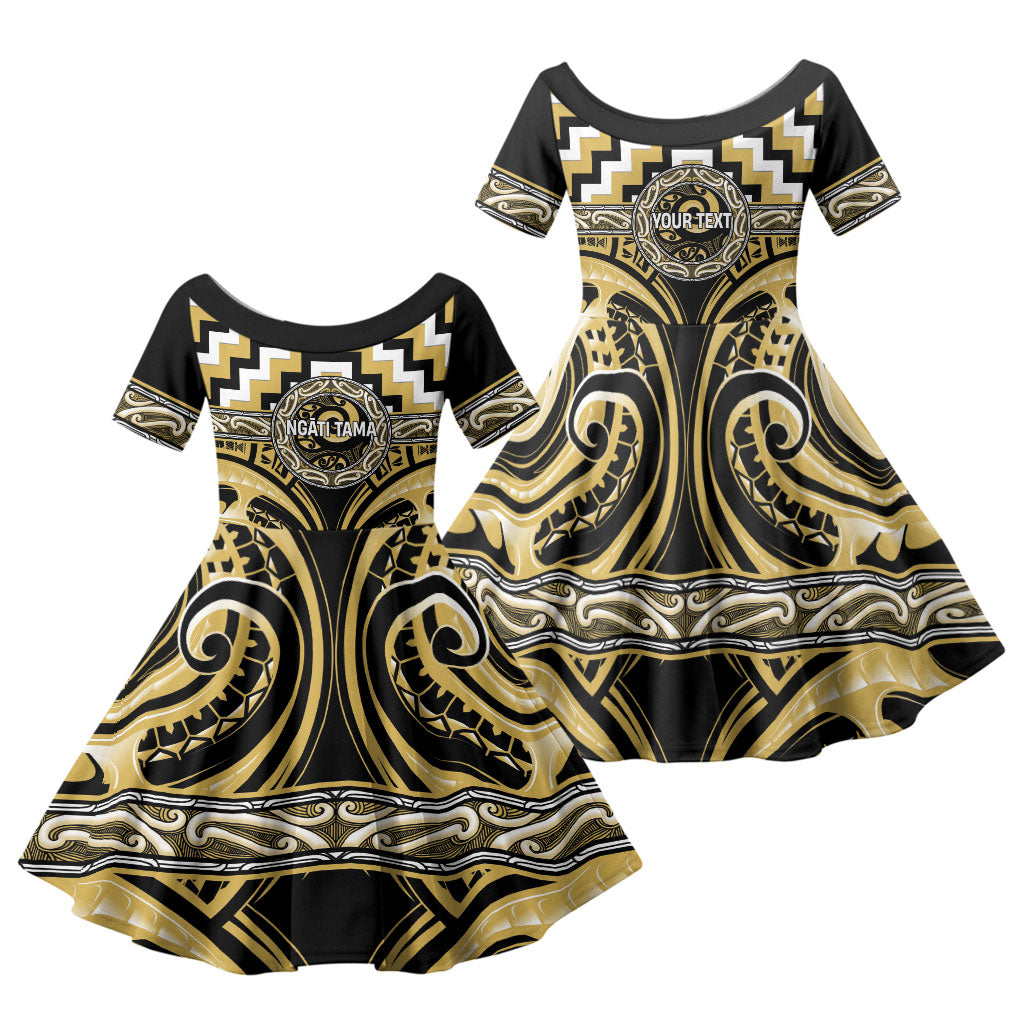 Aotearoa Ngati Tama Personalised Family Matching Long Sleeve Bodycon Dress and Hawaiian Shirt Maori Iwi Poutama Puhoro Tattoo LT14 Daughter's Dress Yellow - Polynesian Pride