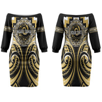 Aotearoa Ngati Tama Personalised Family Matching Off The Shoulder Long Sleeve Dress and Hawaiian Shirt Maori Iwi Poutama Puhoro Tattoo LT14 Mom's Dress Yellow - Polynesian Pride