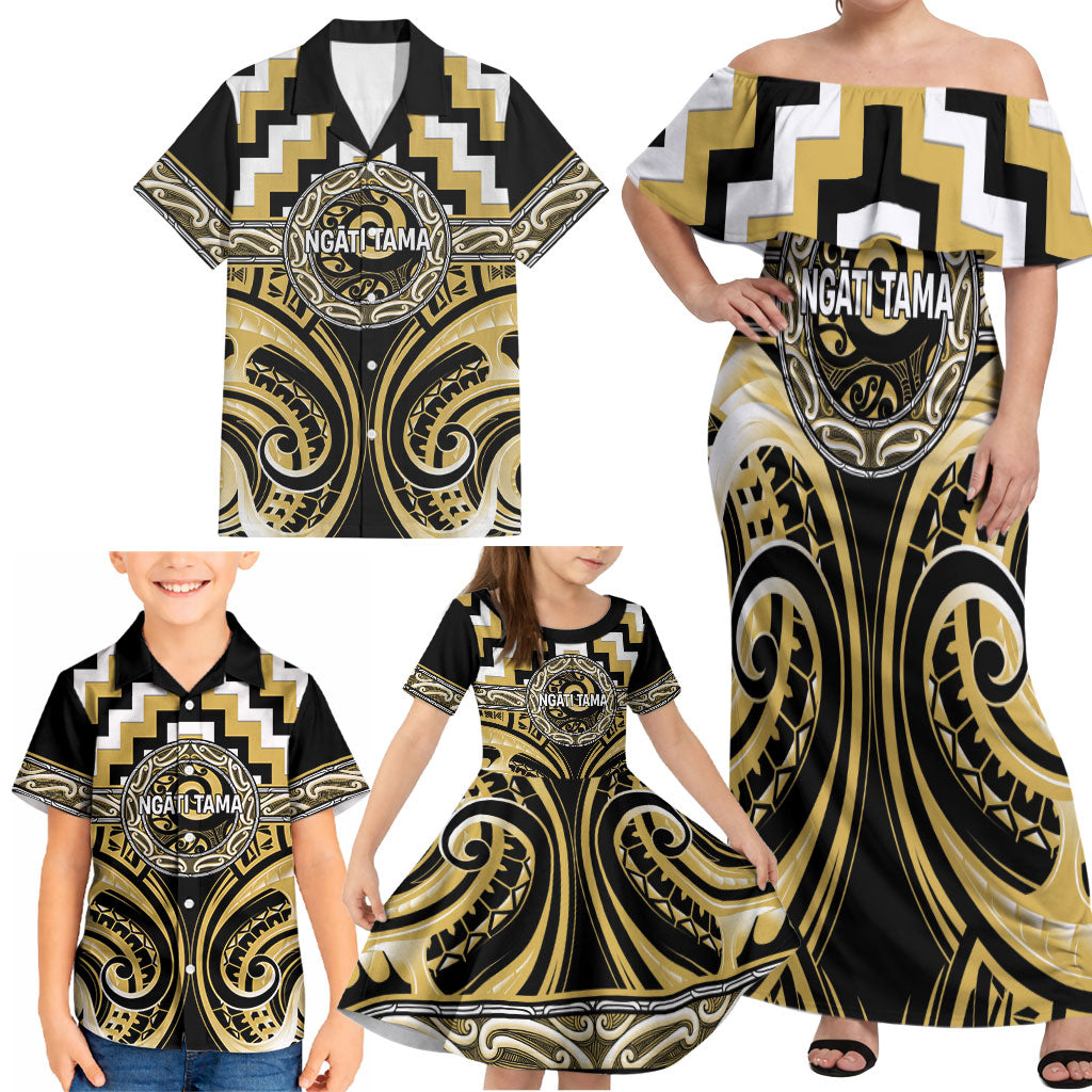 Aotearoa Ngati Tama Personalised Family Matching Off Shoulder Maxi Dress and Hawaiian Shirt Maori Iwi Poutama Puhoro Tattoo LT14 - Polynesian Pride