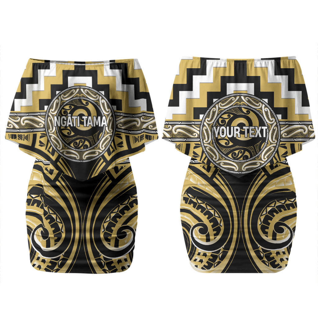 Aotearoa Ngati Tama Personalised Family Matching Off Shoulder Short Dress and Hawaiian Shirt Maori Iwi Poutama Puhoro Tattoo LT14 Mom's Dress Yellow - Polynesian Pride