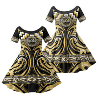 Aotearoa Ngati Tama Personalised Family Matching Off Shoulder Short Dress and Hawaiian Shirt Maori Iwi Poutama Puhoro Tattoo LT14 Daughter's Dress Yellow - Polynesian Pride